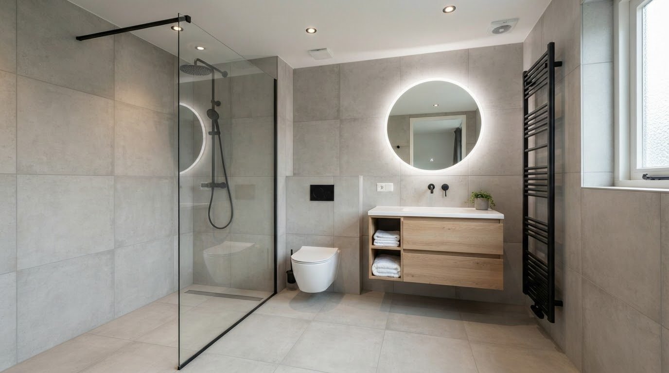 Nieuwe badkamer met inloopdouche, hangtoilet, zwevend badmeubel en grote grijze tegels