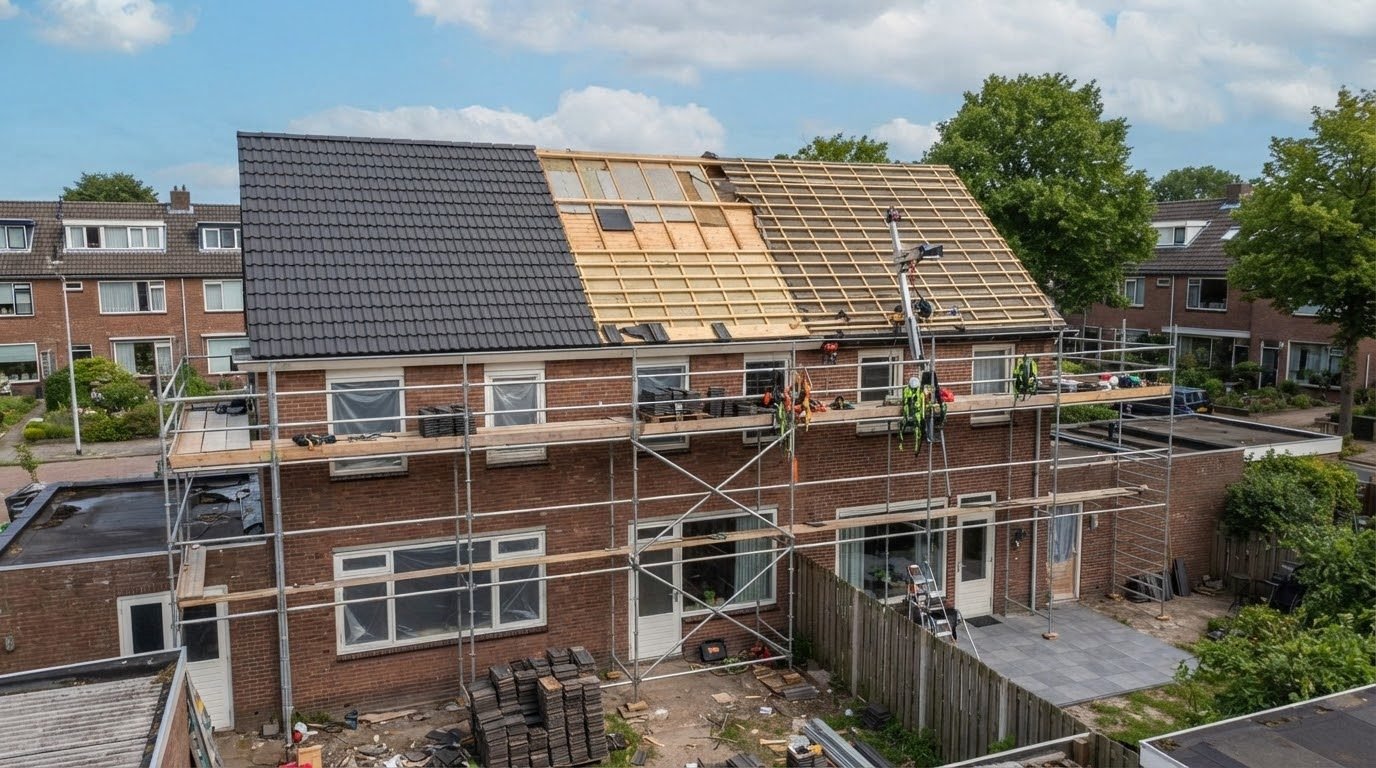 Rijtjeswoning tijdens dakrenovatie: deels nieuwe antraciet pannen, deels panlatten, met steiger langs de gevel