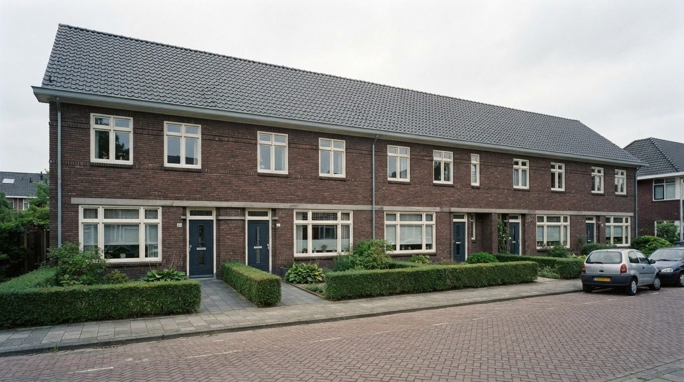 Rij jaren-30 rijtjeswoningen met zadeldak, antraciet pannen en witte kozijnen