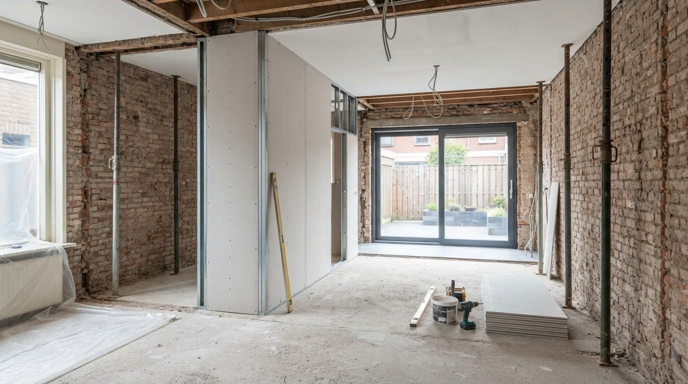 Gestripte woonkamer tijdens een renovatie, met stempels, nieuwe gipsplaatwand en schuifpui naar de tuin