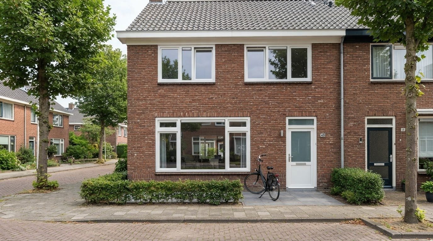Voorgevel van een Nederlandse tussenwoning met witte kunststof kozijnen