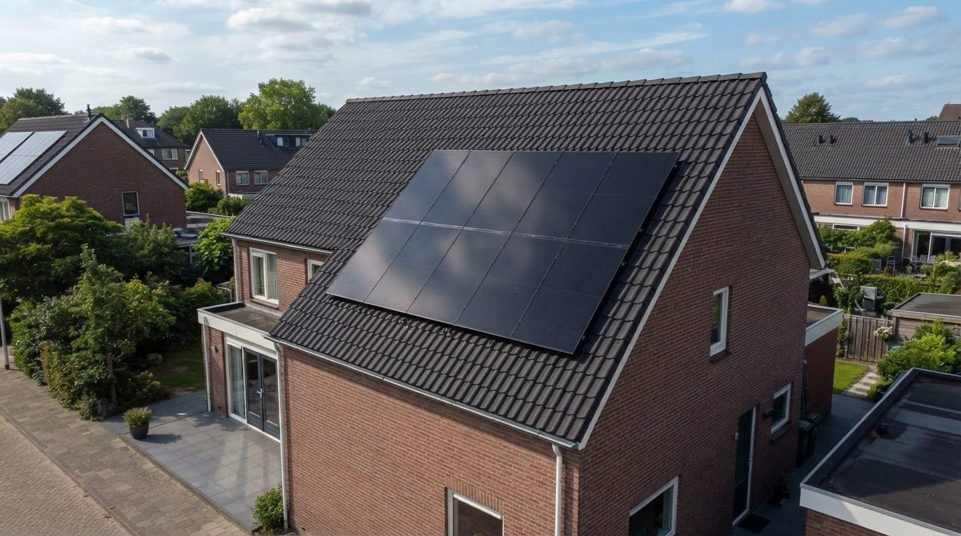 Woning met antraciet pannendak en acht zwarte zonnepanelen